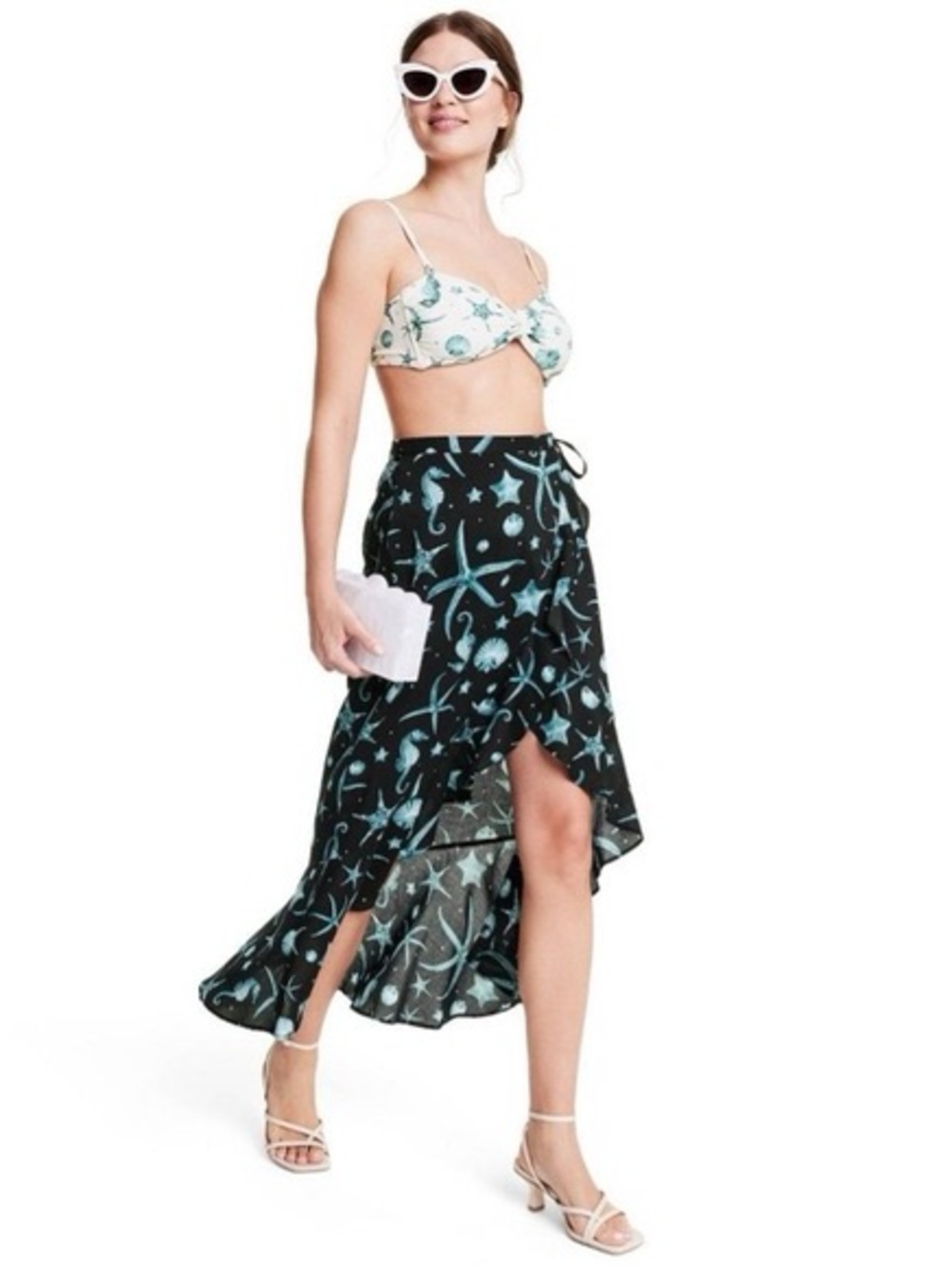 Agua Bendita for Target Black Midi Skirt with Teal Sea Life Print